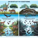 A scientific illustration of the effects of Burmese pythons on the ecosystem. On one side, depict a healthy, thriving environment with diverse flora and fauna such as deer, rabbits, and a wide range of birds. On the other side, illustrate the same environment but with a large Burmese python as the dominant species and noticeably less variety in other species, showing the consequences of python's effect on the ecosystem. Ensure the environment is suggestive of Florida Everglades to depict the well-known problem of python invasion there.