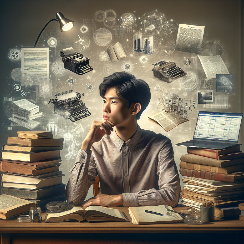 Generate an image of a young Asian student, sitting at a classic wooden desk, deep in thought. The student is surrounded by an array of research materials including books, a laptop showing digital archives, stacks of newspapers, and scientific journals. These materials are indicative of different forms of evidence like written records, online resources, and empirical data. To represent the thought process, depict the student staring at a blank canvas, which symbolizes the unwritten paper. Also, a soft glow from a desk lamp illuminates the student and the research materials.
