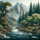 A serene, mountainous forest scene. A sparkling stream is carving its way through the rugged landscape, with willow trees lining its banks, their branches swaying gently in the wind. A small group of deer, exemplifying diversity with both males and females of varied descents such as White, Black, and Asian, is seen grazing on the leaves of the willows. Mountain trout, shaded by the willow trees, are spotted in the clear waters of the stream. The king of this ecosystem, a majestic mountain lion, is hidden among the thick foliage, its predator gaze fixed on the scene.