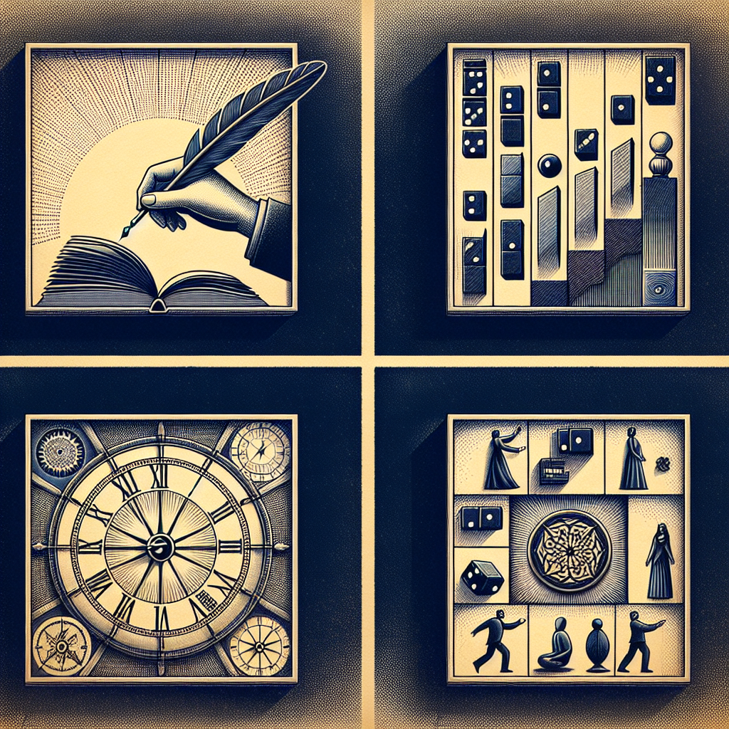 Create an image composed of four distinct, symbolizing elements inside four different boxes, arranged like a grid. Each box is dedicated to a different statement. The first box contains an image of a hand with a quill pen, symbolizing a person writing down what happens. The second one includes an image of a sundial and a map, which illustrates the place and time where events occur. In the third box, visualize the concept of ordered things using a sequence of numbers or domino pieces. The fourth box contains two figurines interacting, representing people who make things happen.