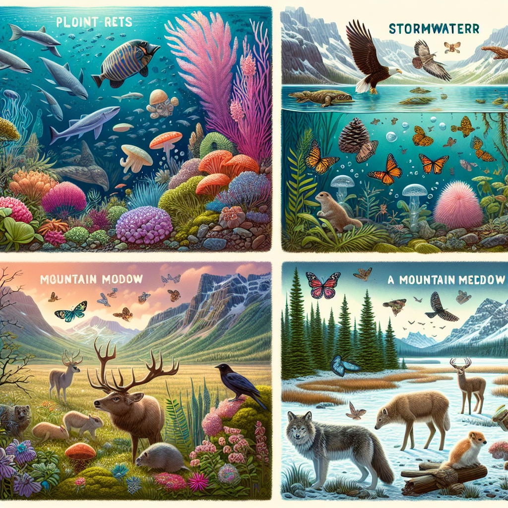 Create a detailed and colorful image highlighting four different ecosystems: a vibrant underwater coral reef teeming with marine life, a still and murky stormwater pond, an open mountain meadow filled with diverse flora and fauna, and a cold, icy arctic tundra. Additionally, illustrate various levels of the food chain in a forest ecosystem, ranging from plants, rats, nuthatches, frogs, butterflies, squirrels, and deer, up to predators like a wolf, mountain lion, an eagle, a pine marten, a ringtail, a whiptail, a jackrabbit, and a cat.