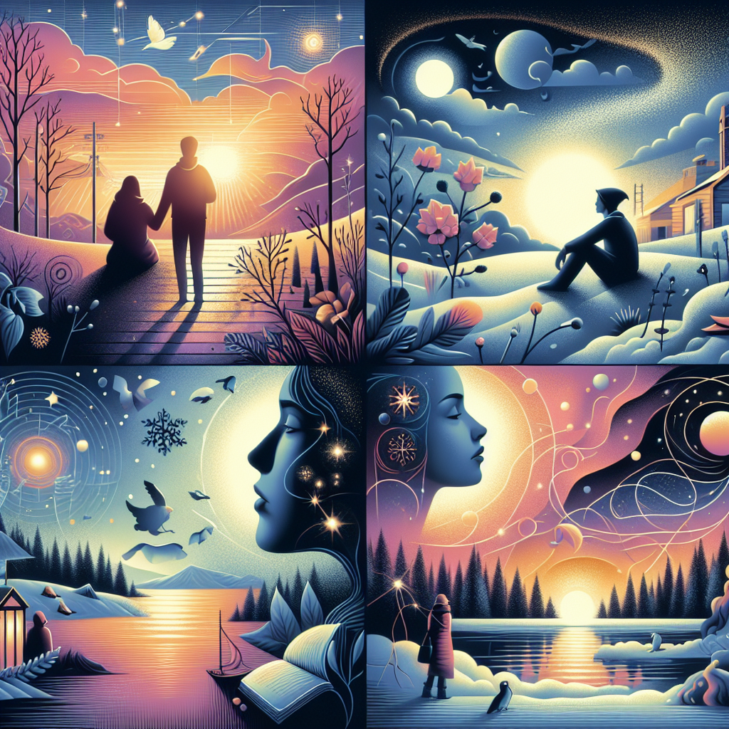 Create a visually appealing image that links with the concept of dialogue in literature. The image should contain no text. Visualize a scene where two characters are deeply engaged in conversation, their expressions and body language indicating the importance of their discussion. In the background, subtly depict various elements that suggest a change in character or setting, for example, a setting sun indicating passing time or a character's attire showcasing their personality shift. Also, incorporate hints of a magical spectacle, perhaps twinkling lights or a levitating object, signifying surprise and curiosity in the dialogue. Lastly, craft a serene backdrop of a wistful person gazing out at a snow-covered lake, reminiscing about summer days, to symbolize the power of internal dialogue.