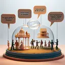 Create an image that captures the concept of dialogue without using any text. Include four distinct elements, each symbolizing the choice in the question. First, a line of character figurines of varying heights, colors, and shapes representing the diversity of 'personality traits of characters'. Second, a dynamic scene presented in a transparent dome, showcasing 'action described by the narrator'. Third, a miniature model of an elaborate scenery reflecting 'setting described by the narrator'. Fourth, two empty speech bubbles facing each other, suggesting 'words spoken by characters'. Ensure that all elements are distinct but harmoniously integrated into one educational and thoughtful composition.