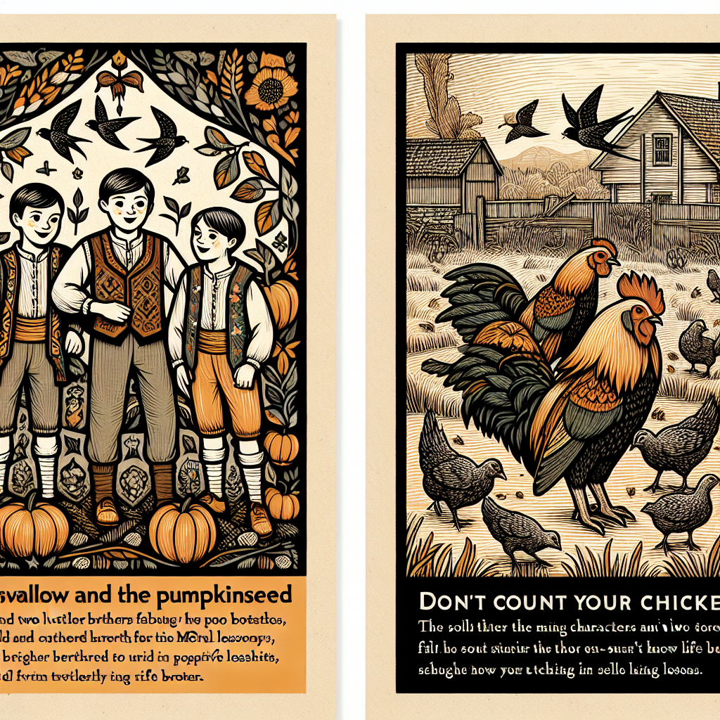 Generate an illustration reflecting the essence of folktales and moral lessons. The picture should include two main sets of characters from the stories mentioned: 'The Swallow and the Pumpkinseed' and 'Don't Count Your Chickens'. Depict figuratively two younger brothers, imbued with positive qualities, standing in contrast to their elder brothers. Show how these characters help impart life lessons. Infuse the literary elements of plot and language into the illustration without the use of text.