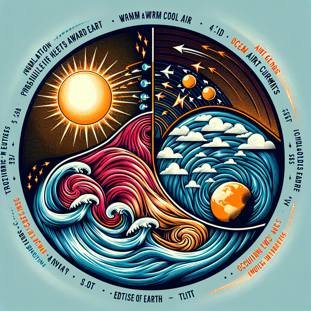 Create a dynamic image representing the formation of prevailing winds and ocean currents. Include four distinct visual elements in the image: the sun radiating heat towards Earth, eddies of warm and cool air circulating around the planet, the rotation of Earth causing air movement, and the tilt of Earth’s axis influencing air patterns. Be sure to include ocean waves to signify ocean currents, but make the image free of any text.