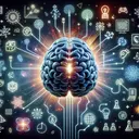 Create a visually stimulating image showing a human brain in mid-growth, illustrated with symbolic representations of various educational games. The brain is illuminated from within, signaling its expansion, and is surrounded by an assortment of educational game elements - chess pieces, puzzle pieces, digital game icons, and mathematical symbols - each representing different areas of learning. There should be beams of light connecting these games with the growing dendrites of the brain, symbolizing the connection between game playing and neural development. The image should capture the essence of the enhancement of brain power through gaming, without any textual elements.