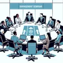 Illustrate a corporate setting with seven executives around a large conference table engaged in a discussion. Depict four of these figures as a diverse mix of women from different ethnicities such as Caucasian, Black, Hispanic, and Middle-Eastern. Depict the rest of the three figures as men; one Hispanic, one South Asian, and one Caucasian. Emphasize a sense of importance and professionalism amidst their interactions. Include visualizations of three chairs marked with a distinct symbol, indicating the seats for the chosen executives for the management seminar. Do not include any text.