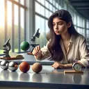 Create a detailed image of a young female student, of South Asian descent, conducting an experiment on gravity. She's in a well-lit laboratory setting with large, open windows. On the lab bench in front of her, there are three spheres of different colours and materials. One is metallic silver, another is wooden and brown, and the third is rubber and green. In the air, few centimeters above the bench, the green rubber ball is captured mid-drop, representing the experiment in motion. Whilst doing so, she's apprehensively using a stopwatch on her other hand to time the falling of the balls. Please avoid including any text in this image.