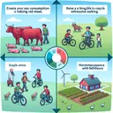 Create an exemplifying image showing measures for reducing global warming. The first quadrant illustrates a person decreasing their consumption of red meat, with a significantly shrunken herd of cattle in the background. The second quadrant shows a child riding a bicycle to school rather than walking, with a clear emphasis on the bicycle. Skip the third scenario. In the fourth quadrant, a farmer is using sustainable methods to increase crop production without excessive use of fertilizers, illustrating harmonious coexistence with nature.