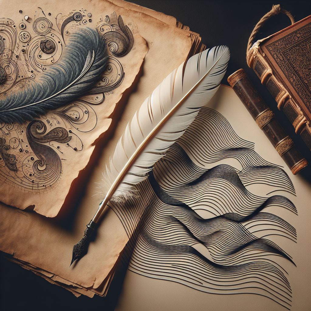 An artistic representation of the concept of 'lines in poems'. This image should contain visual indications of poetry, such as a gleaming feather quill resting on a vintage parchment, an open book with worn pages splayed out, and visible, but subtle waves, indicating the lines of a poem. These waves should be arranged in a pattern that suggests organization, highlighting the structure of poems.