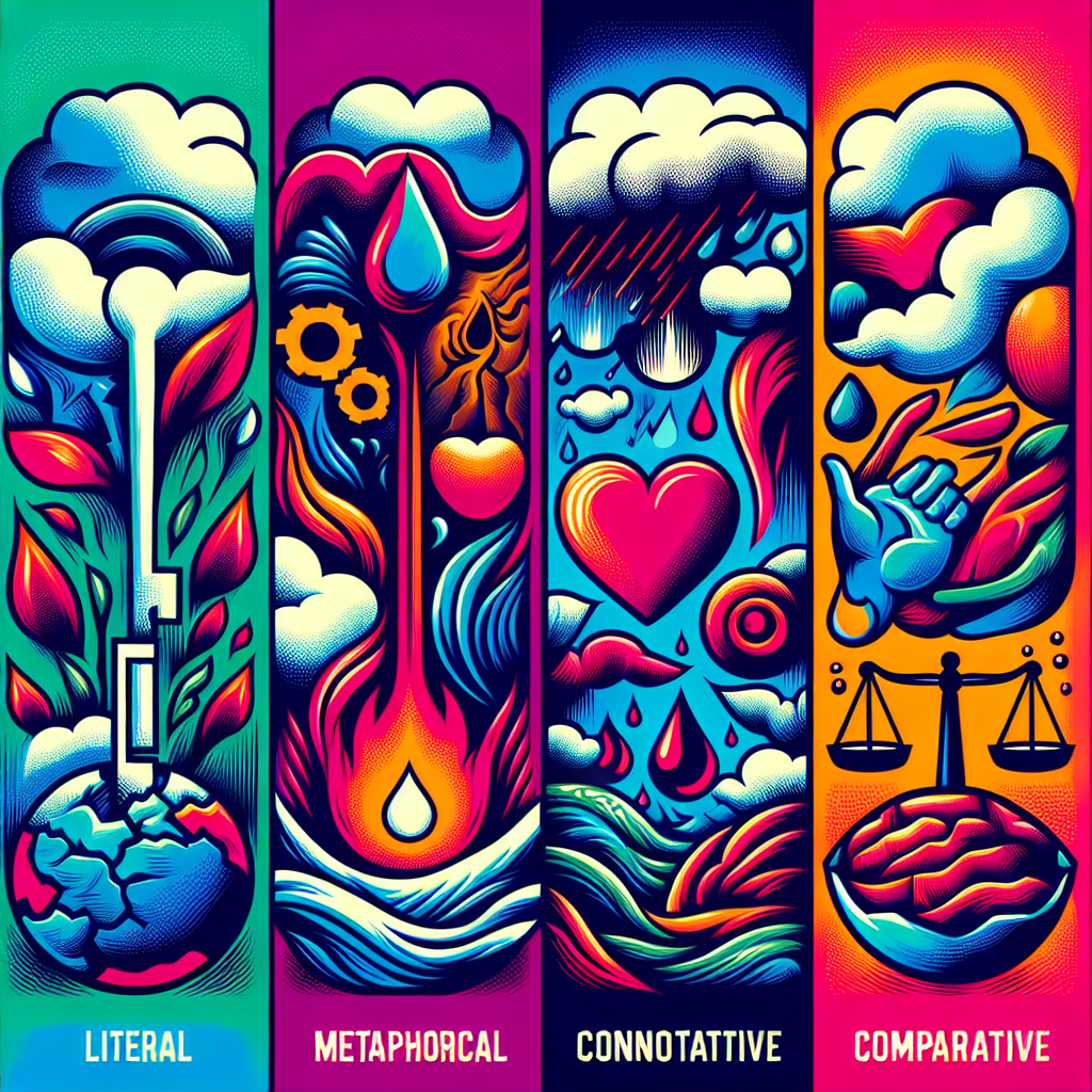 A vibrant and eye-catching image that relates to the concept of semiotics, focusing on the interpretation of words. The image includes four distinct sections, one for each term: 'literal', 'metaphorical', 'connotative', and 'comparative'. Each section is visualised abstractly rather than concretely. The 'literal' section showcases a straightforward depiction such a key opening a lock. The 'metaphorical' area demonstrates a less direct symbolism, such as a storm representing chaos. The 'connotative' section involves emotive symbols, like a heart for love, and the 'comparative' segment displays scales for measurement. Ensure the image includes no text.