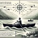 Create an image of a man named David, of South Asian descent, rowing a boat. Make sure to visualize the scenario as follows: The man is in still water, beginning from the southern bank of a river, which is flowing towards the east at a moderate speed. The man is rowing the boat at a 90° angle to the bank. Also, depict the air carrying a brisk wind, coming from the north-east. The wind speed is significant. Bear in mind, no text in the image.