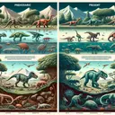 Create a detailed image that makes an interesting study between past and present. Show a prehistoric landscape on the left, dominated by two distinct types of animals robustly engaging with their environment. On the right, two modern landscapes should mirror this timeline, where each habitat is populated by a modern equivalent of the prehistoric creatures. Make sure to emphasize the analogous traits between them to highlight their shared evolutionary lineage. This could include similarity in shape, physiology or behavior.