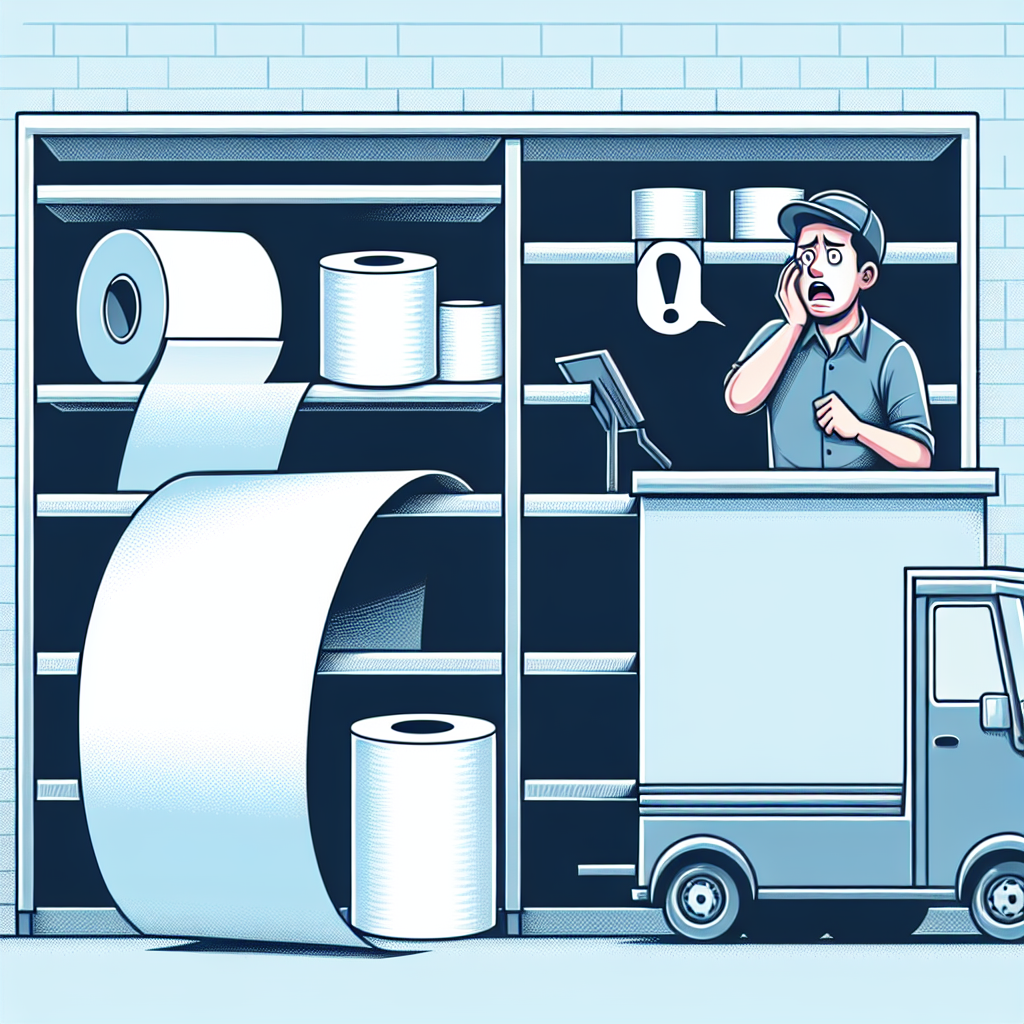 Create a visually engaging image illustrating the concept of a store running out of paper supplies quickly due to limited stock. The image should focus on an empty store shelf, with a single roll of paper remaining, and a clerk looking distressed. Nearby, include a delivery truck that appears to be nearly empty. No text should be present in the image.