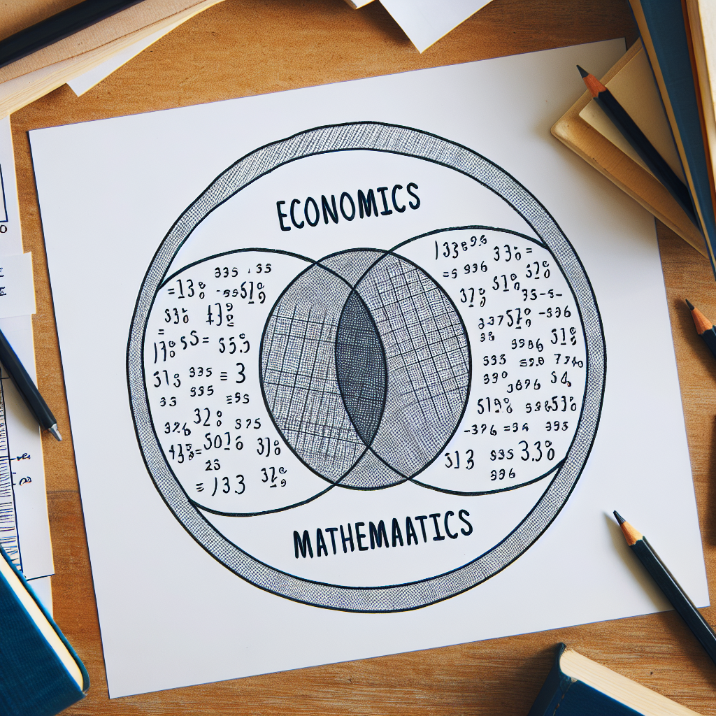 Create a Venn diagram with three overlapping circles. The circles should be labelled 'Economics', 'Mathematics', and 'Geography'. Inside each circle, there should be numerical values representing each individual category. The areas where the circles overlap should also feature numerical values, representing the intersection of these fields.