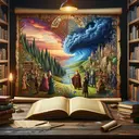 Create an enchanting scene representing the concept of story-telling. Show an open ancient parchment in the middle, with vivid illustrations of a scenic forest on one side and an engaged group of diverse characters in a dialogue on the other. On top right corner, visualize a storm symbolizing 'conflict'. This tableau is framed by two towering bookshelves filled with myriad texts, under the muted glow of an antique desk lamp. Don't include any kind of text within the image.