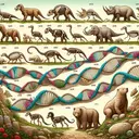 Illustrate an image showing an array of fossils belonging to different species, arranged chronologically, with differently colored strand of DNA winding around them, symbolizing genetic evolution. Display diverse species interacting with each other in a peaceful natural prehistoric environment. Include some species gradually morphing to represent change over time. Lastly, depict distinct differences between organisms, such as size, color, and physical characteristics.