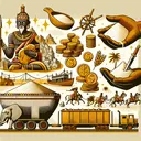 Create an illustration that represents the wealth of the kings of Ghana. Include elements like a salt mine, gold coins, an ivory statuette, and iron weapons. Show a representation of the trans-Saharan trade route, bursting with caravans traveling to and from. Ensure the image is visually appealing and does not contain any text.