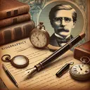 Generate an engaging image representing the process of writing a biographical essay. The picture should include symbolic elements including a fountain pen poised over vintage parchment paper; a stack of hardbound books signifying research and information; eyeglasses, signifying detailed scrutiny; and a pocket watch, symbolizing the concept of pacing. In the background, an illustrative bust of a politician from the early 20th century adds context. Avoid including any text in the image.