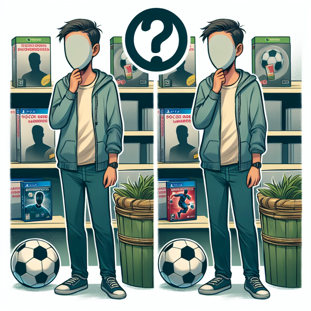 Illustrate an image featuring the scenario detailed in the question. Show a young male identity concealed individual standing in a store, pondering. On the shelves next to him, set a soccer ball and a video game box with a soccer theme. Make sure there's no text on the items or anywhere else in the image.