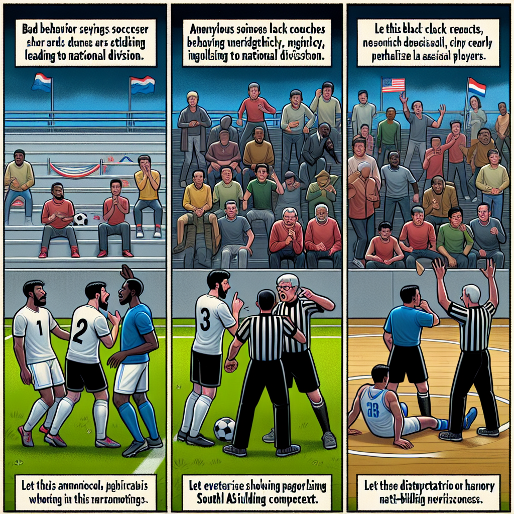 Visualize a scene where three sports activities symbolize bad behavior leading to national division. On a broad, grassy field, imagine an anonymous soccer player, of Hispanic descent, acting aggressively towards his opponent, a Caucasian player. Off to the side of the field, show a Black coach behaving unethically, clearly indicating bias in his decisions. Near the audience stands, capture a Middle-Eastern referee showing favoritism by wrongfully penalizing a South Asian player in a basketball game. Let these actions symbolize the disruption of harmony in a metaphorical nation-building context. Ensure there is no text in the image.