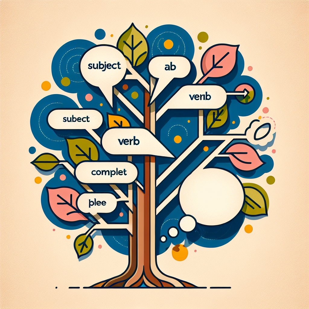 Generate an abstract image that represents the basic components of a sentence structure. The image should have clear representation of a subject, a verb and a thought bubble to indicate a complete thought. Say, a visual metaphor like a tree with a trunk as the subject, branches as the verb, and leaves or fruits as the complete thought. Please keep the image simple, with no text or written elements.