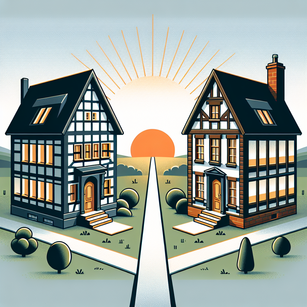 An infographic without text, contrasting two symbolic elements. On the left side, a sleek, well-maintained traditional half-timbered house, which represents the business environment in Germany. On the right side, a robust and classic London-style brick house, symbolizing the business setting in Britain. Both houses sit on a landscape, split by a narrow path in the middle that leads into a rising sun on the horizon. The rising sun symbolizes the potential for growth and success in both economies.
