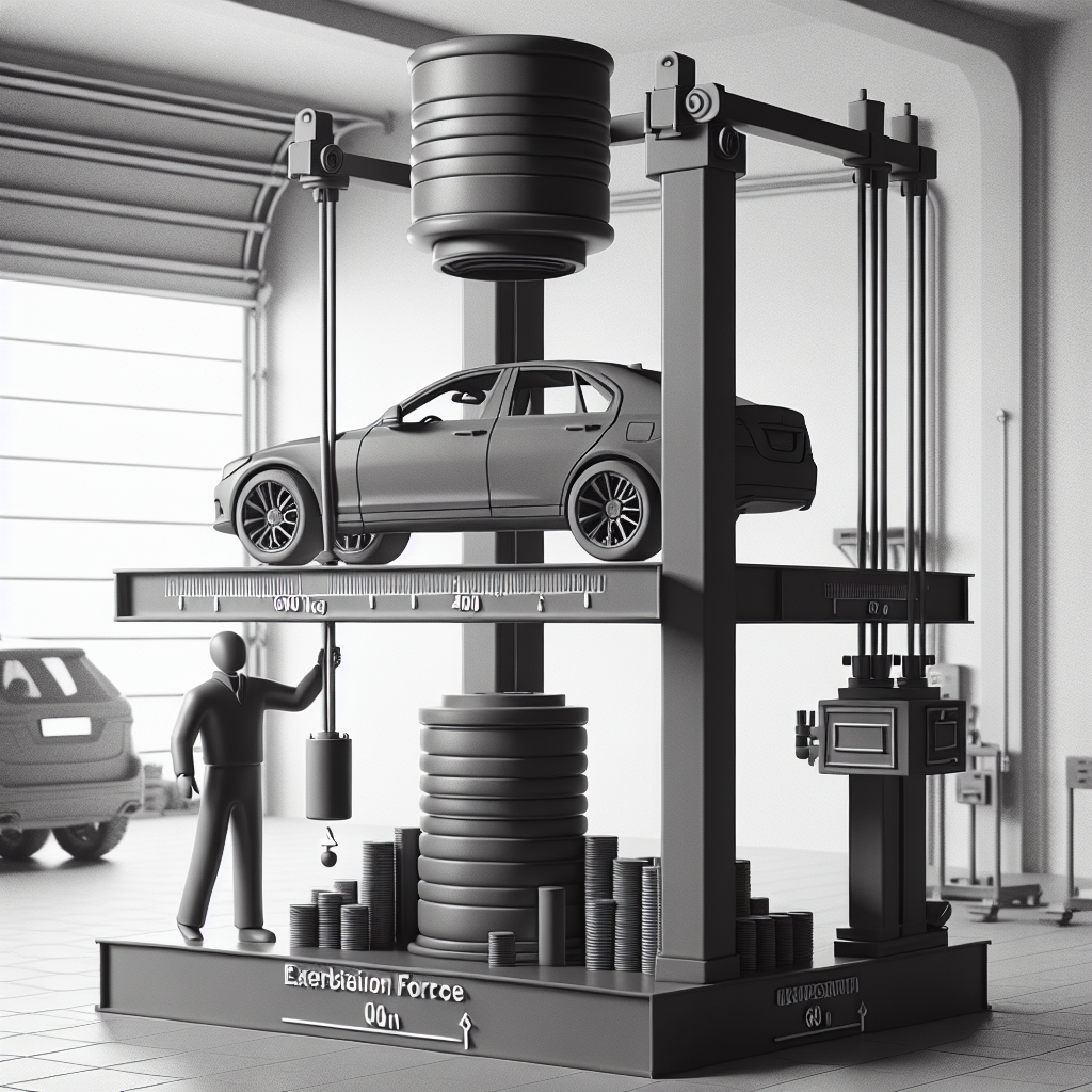 A 3D detailed, grayscale representation of a hydraulic lift setup inside an automobile garage. The lift consists of two oil-filled cylindrical pipes of different diameters, interconnected. On one end, a worker silhouetted figure is pushing down a piston. The other end has a platform where a generic, proportional sedan car is lifted, representing a weight of 4000 kg. Beneath the car, the platform shows a structure supporting 600 kg weight. Emphasize the difference in both pipe's diameters and visually represent exertion force of the worker as about 100N.