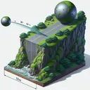 Create an image depicting the visualization of an experiment in physics. Show in the image that an object is being projected horizontally off a cliff, which is lush green with small shrubs and has rugged rocks making up its surface. The object, a grey metallic sphere, is being launched with a perceptible velocity. On the ground, there is a designated landing spot, marked 56m away from the base of the cliff. However, please do not inscribe any text or numbers on the image.