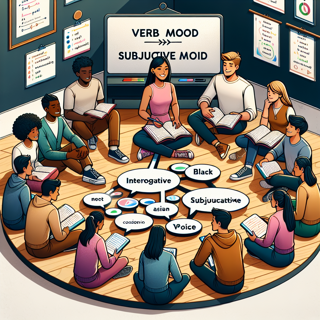 An educational and engaging environment where individuals are discussing various elements of grammar, specifically focusing on verb mood and voice. Imagine a group of students with varied descents such as Black, Hispanic, South Asian and Caucasian sitting in a circle, each holding grammar textbooks and asking questions to each other. A Caucasian female is writing on a whiteboard, elaborating the differences between different verb moods. A display on a device screen with Interrogative, Conditional, Subjunctive mood labels, associating each to digital representations of phrases. There is no text visible other than the labels on the device. Ensure to foster an atmosphere of learning and explorative curiosity.