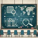 Design a classroom-like setting with a global map on the wall and a chalkboard. On the chalkboard, draw four separate sections to symbolize each question, represented by minimalist symbolic drawings: 1) a faded calendar, indicating the past tense, 2) a magnifying glass over a sentence, representing sentence examination, 3) a heart, symbolizing feelings, and 4) a lightbulb, as a symbol of explanation or understanding. Ensure there is no text in the image.