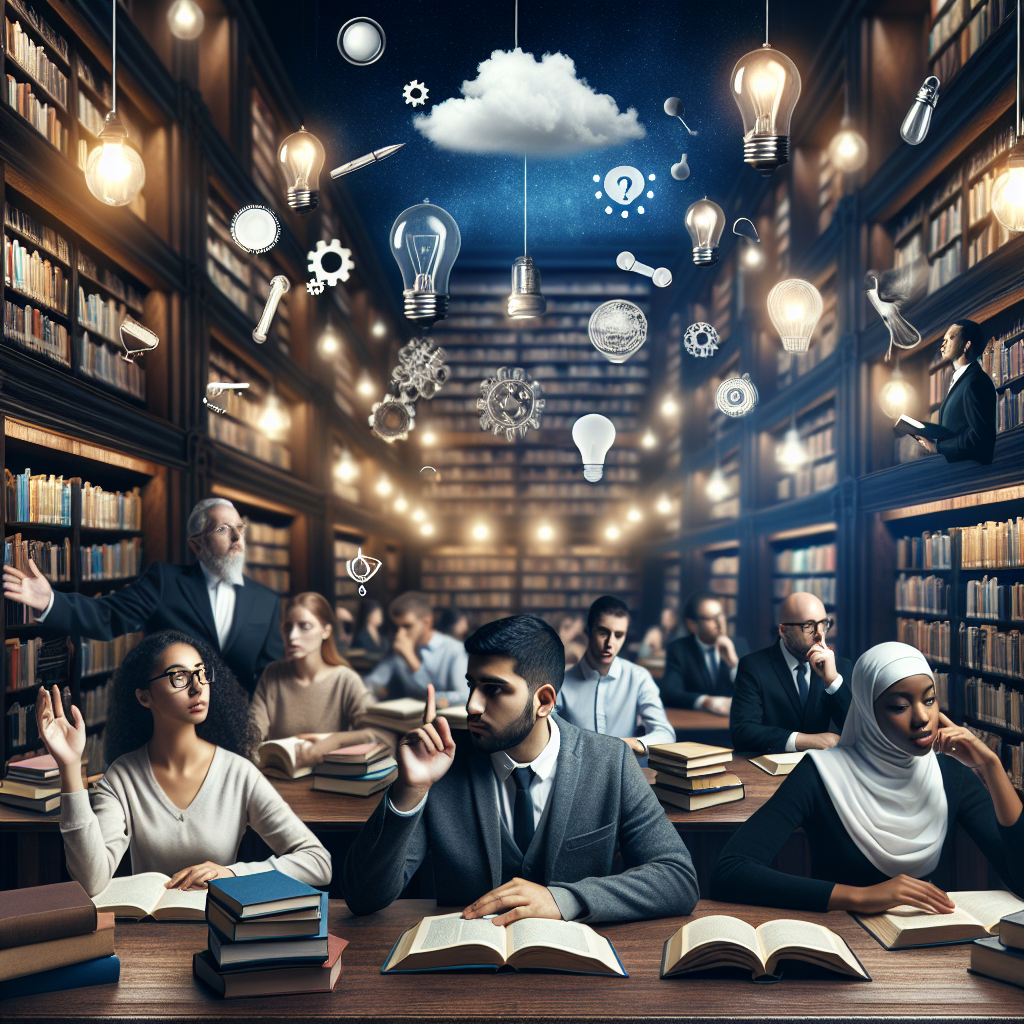 Produce a serene library scene with rows of neatly stacked books on wooden shelves, softly glowing desk lamps casting a warm glow on dark wooden tables, and a diverse group of people immersed in studying. To the side, show a Middle-Eastern man gesturing as if to ask a question and a Black woman deep in thought, responding. Additionally, include some elements such as a magnifying glass, a lit bulb and a question mark made of cloud hovering in the sky, to signify inquiry, idea and curiosity respectively, but no actual text.