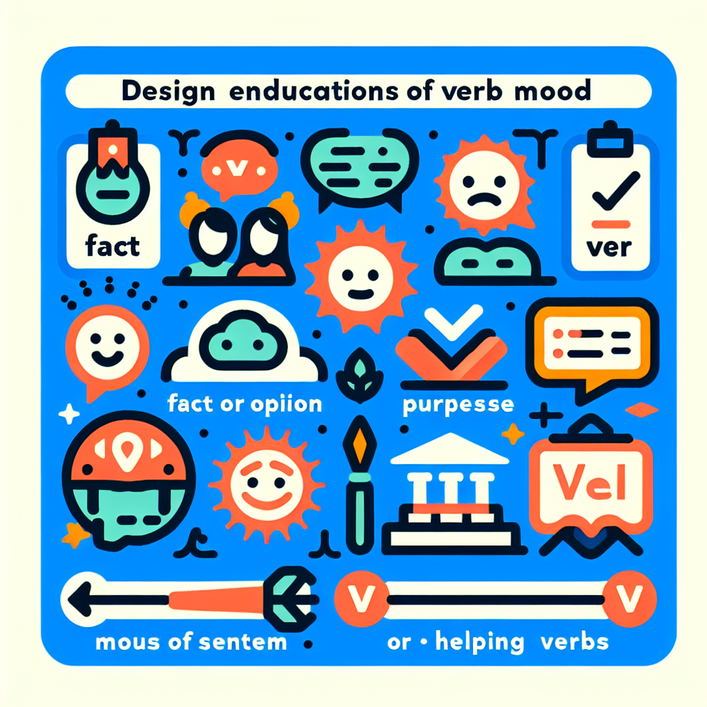 Design an educational image representing different aspects of verb mood, without any text. Include symbols or visual cues that indicate a fact or opinion, the purpose of a sentence, the manner in which a verb expresses an idea, and the use of auxiliary or helping verbs.