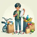 Create an image depicting a scene that accompanies the given question. Show a young male teen, who's of South Asian descent, after having spent the day shopping. He's holding a receipt in his hand, showing the required amount spent. Beside him, show various items he has bought -- a bicycle for transportation and a bag full of various types of fruits demonstrating that a portion of his money was spent on these. Also, illustrate a bag of assorted candies to represent the part of his money spent on sweets. Ensure the background of the image is neutral and minimalist, putting focus on the boy and his purchases.