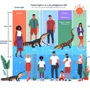 Create a visual representation of a diverse group of individuals portraying a range of heights, indicating that human height is a polygenic trait. Show a mix of genders and descents, including both short and tall individuals. Also, design a scenario where temperature plays a role in the environment, giving a subtle hint to alligator gender determination by heat. Lastly, include a potential environmental factor, for instance sunlight, influencing the assembly. Please, ensure the illustration is void of any textual elements.