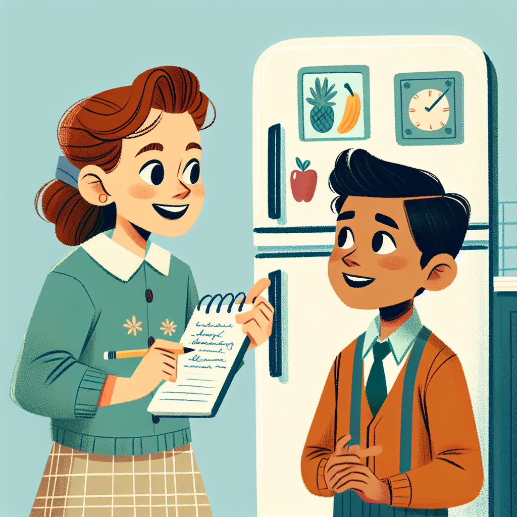 Visualize a friendly and educational scene of a girl, Rachel, teaching her younger brother, who is at the age of a fourth grader, how to do a household chore in their cozy and organize kitchen. She is Caucasian and has auburn hair, while the boy, her brother, expressing genuine interest and enthusiasm, is Hispanic and has short black hair. He's holding onto a notepad, ready to jot down Rachel's explanations. On their side, the refrigerator waits with a blank piece of magnetic notepad ready to be filled with guidelines for the household task.