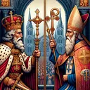 Generate a symbolic image depicting the conflict between a medieval king and a religious figure highlighting their distinct roles in society. The scene should be set in the 12th century and feature elements like a royal crown versus a religious cross, a king's castle compared to a cathedral, and a royal scepter poised against a bishop's staff. Keep in mind the powerful, contrasting roles these two figures held during that time period. Please ensure there is no text present in the image.