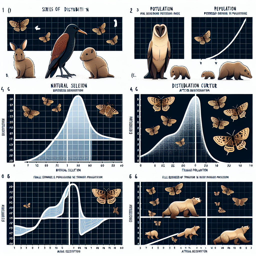Create an image of series of distribution curves depicting the different types of natural selection scenarios: 1) A chart with birds' leg length on x-axis showing a curve shift to the right after a disturbance. 2) A population graph for peppered moths showing both a single peak in the center and two peaks on extremes with a dip in the middle. 3) An evolution of distribution graph showing female reindeer in Finnish population giving birth to larger offspring over the generations, where the curve either shifts or becomes taller in the middle. 4) A distribution curve for a population of mice with medium brown fur color, the graph should show either a centered peak or two extremes. 5) A graph chart illustrating changes in black bears sizes during warmer periods and ice ages.