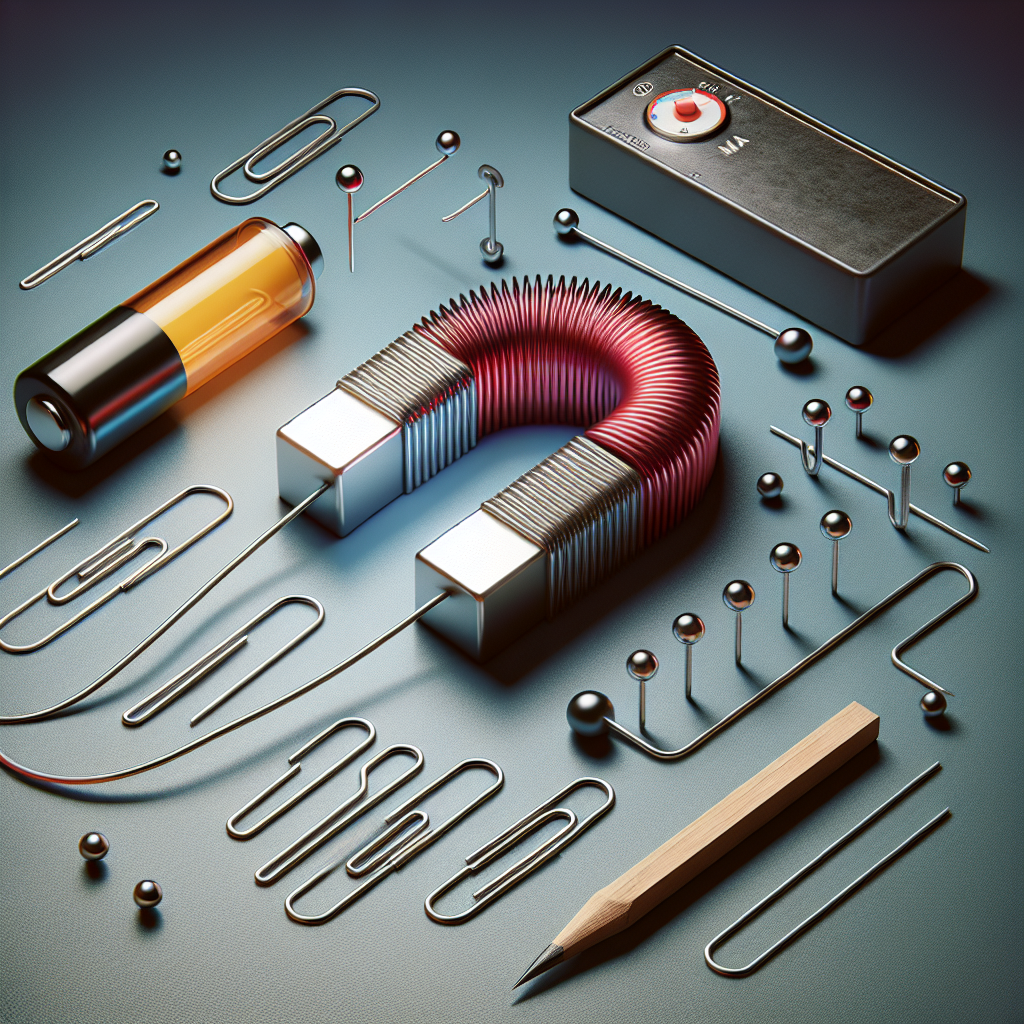 Create an image featuring the concept of electromagnetism. Depict relevant elements such as a battery, wire, an iron nail and paperclips, representing how a simple electromagnetic setup would look like. Include a low-intensity and a high-intensity electromagnet, suggesting the difference in strength through thicker coil around one of them. Also, subtly hint at the movement of charged particles without adding any text. The ambiance should be educational and the style realistic.
