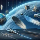 A captivating depiction of the Earth's gravity with representations of distinctive objects like a feather, a car, and a building. The objects are shown to be in mid-air, denoting that they are being subject to gravity. The Earth is exhibited in the backdrop, with a visual indication of gravity pulling the items towards it. The scene is detailed in such a way that it conveys the concept of varying gravitational force based on the mass of the objects, yet there's no text in the image.