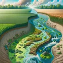 A detailed, captivating scene representing the consequences of synthetic fertilizer use. On the right side, depict vast, lush fields of crops representing agricultural lands, thriving due to the usage of fertilizers. In the middle, illustrate a slight slope transporting rainwater, loaded with residues of synthetic fertilizers, flowing towards a nearby water body on the left side. The water body should express the sequence of effects by showing the different stages. On one side, depict clear water turning lush green with algal blooms proliferating rapidly. Further on, display a drastic transition, where the water becomes darker and devoid of life, representing deoxygenation and death of aquatic organisms.