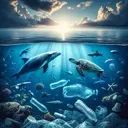 Generate an image of a still, serene ocean landscape that embodies 71 percent of the Earth's surface, with an awe-inspiring viewpoint of the sea rich with life, like a dolphin, a sea turtle, a shark, and a whale, swimming harmoniously. On the other side, hint on the darker reality with non-graphic representations of plastic waste, like a single-use water bottle and other litter, floating along the surface. The overall mood should inspire a call to action for ocean preservation.