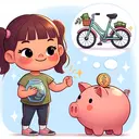 Create an appealing image of a young girl with goal of buying a new bicycle. Illustrate her saving money in a piggy bank. She is counting her savings joyfully and looking towards an imaginary new bicycle with anticipation.
