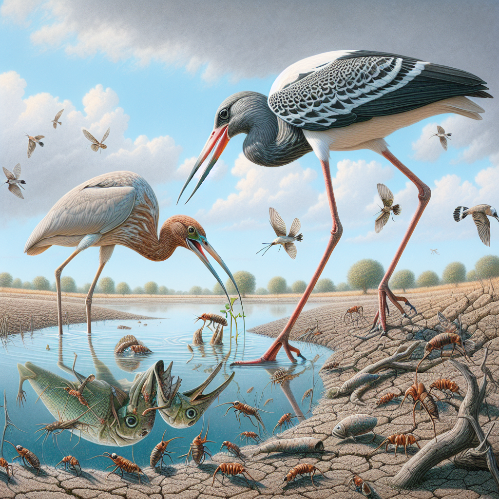 Create a detailed, realistic scene featuring two distinct groups of semi-aquatic birds, contrasting in leg length, inhabiting a drought-ravaged environment. One group features long-legged birds, visually demonstrating fishing behavior. The other group should show birds with shorter legs, actively feeding on insects. The bodies of water, such as ponds, should appear dry or drastically reduced in size. The once vibrant fish population is now scarce, with occasional skeletal fish remains visible. The insect population, on the other hand, remains unchanged, signifying their capacity to endure the harsh drought conditions.