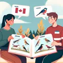 Create an image illustrating an amicable conversation between two people, one from Indiana and the other from Canada, enjoying nature together. They are focused on a picture book that contains images of different species of birds found in their respective areas. A few of the birds have identification tags next to them showing both their common and scientific names.