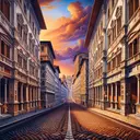 A realistic and intricate Renaissance painting, focusing on depth and perspective, a touch of warm sunset colors enriches it. A peaceful Italian cityscape is depicted, beautifully laid out with harmonious architecture. The streets recede into the background, demonstrating the noticeable use of linear perspective. The buildings have detailed brickwork and arched windows. The sky above the city is a stunning mix of orange and purple hues. However, there's no explicit text or labels in the image to answer the question.
