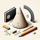 Create an image of a three-dimensional educational model of a cone set against a neutral background. The cone should have a base marked with a 16cm scale and its slant height should also be marked as 17cm. Alongside the cone, depict a protractor, a pencil, an eraser, and a notebook to represent the mathematical exercise. Make sure that all elements of the image are in accurate proportion and they do not contain any text.