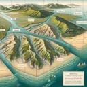 An illustrative image that depicts a geographic region composed of deltas, tidelands, and peninsulas. The image should give a visual understanding of these features without text. Carefully depict each one of these landforms. The delta should be a triangular form where a river splits and spreads out into several streams before joining the sea. The tideland should be a coastal area that is exposed at low tide and submerged at high tide, illustrating the interplay between land and sea. Lastly, 'peninsula' should be a body of land surrounded by water on the majority of its border while being connected to a mainland from which it extends.