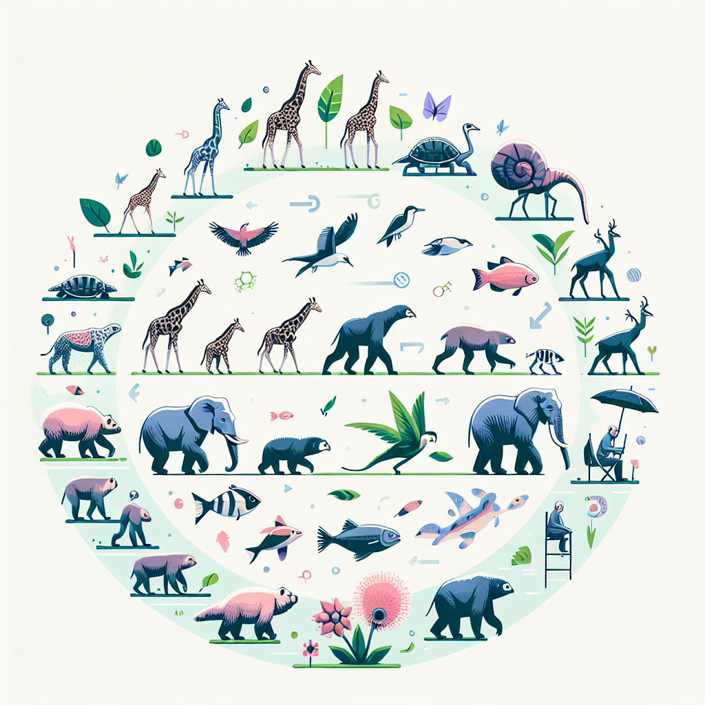 Create an engaging image that encapsulates the concept of natural selection without the use of text. The image should depict a variety of species adapting and evolving over time, demonstrating the process of survival of the fittest. This can include instances of species evolving physical traits or behavioral strategies in response to their environment, showcasing the changes brought about by natural selection. Remember, no written or spoken language should be present in the image.