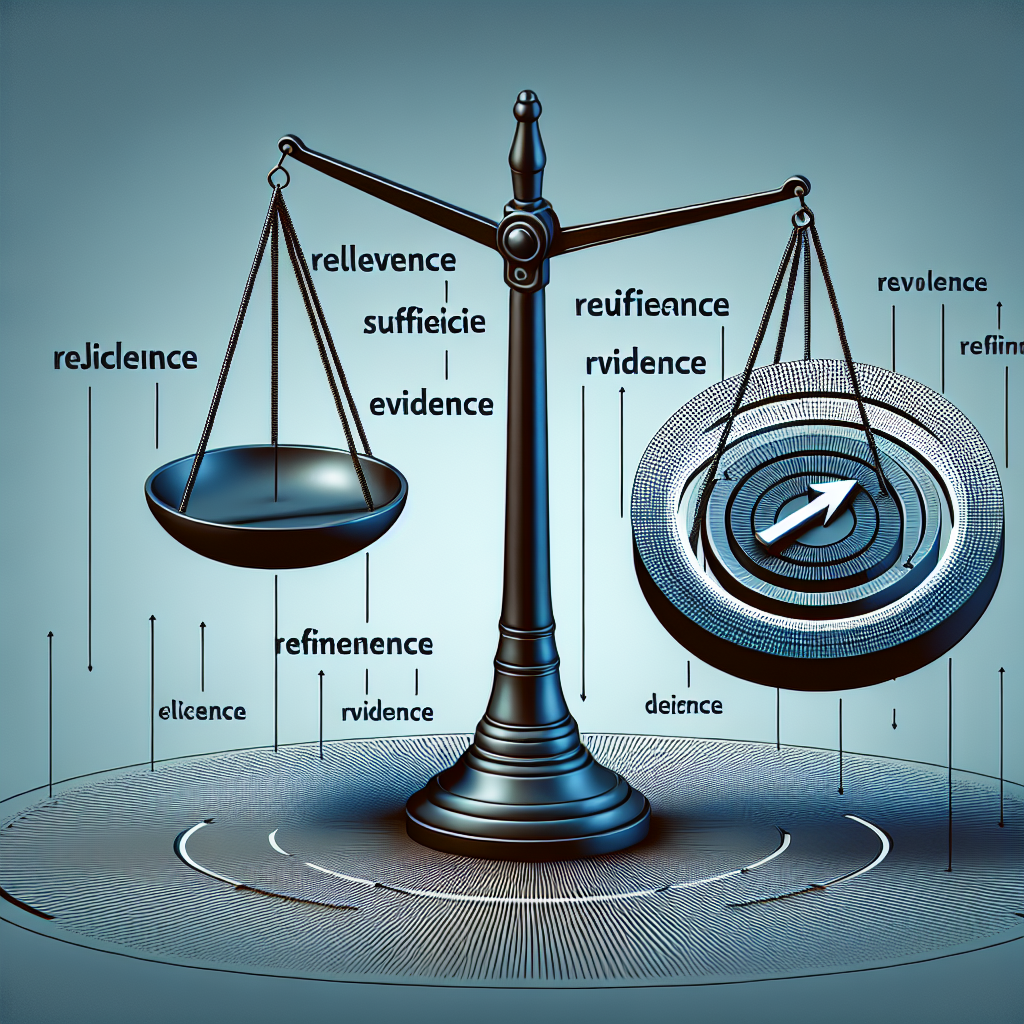 An abstract representation of the process of making evidence-supported claims. Depict a symbolic scale balancing, representing the assessment of relevance and sufficiency in evidence. Show a separate symbolic arrow pointing towards an undefined target, indicating a claim being supported by direct and relevant relationship to evidence. Do not include any text in this image.